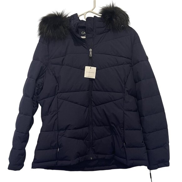 NWT Calvin Klein Womens Puffer Jacket Infinite Stretch Fur-Trim Hood XL Navy NEW - Picture 1 of 11
